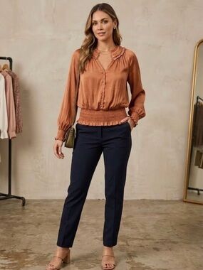Catherine Malandrino Smocked Satin Peplum Blouse Long Sleeve Copper Size S